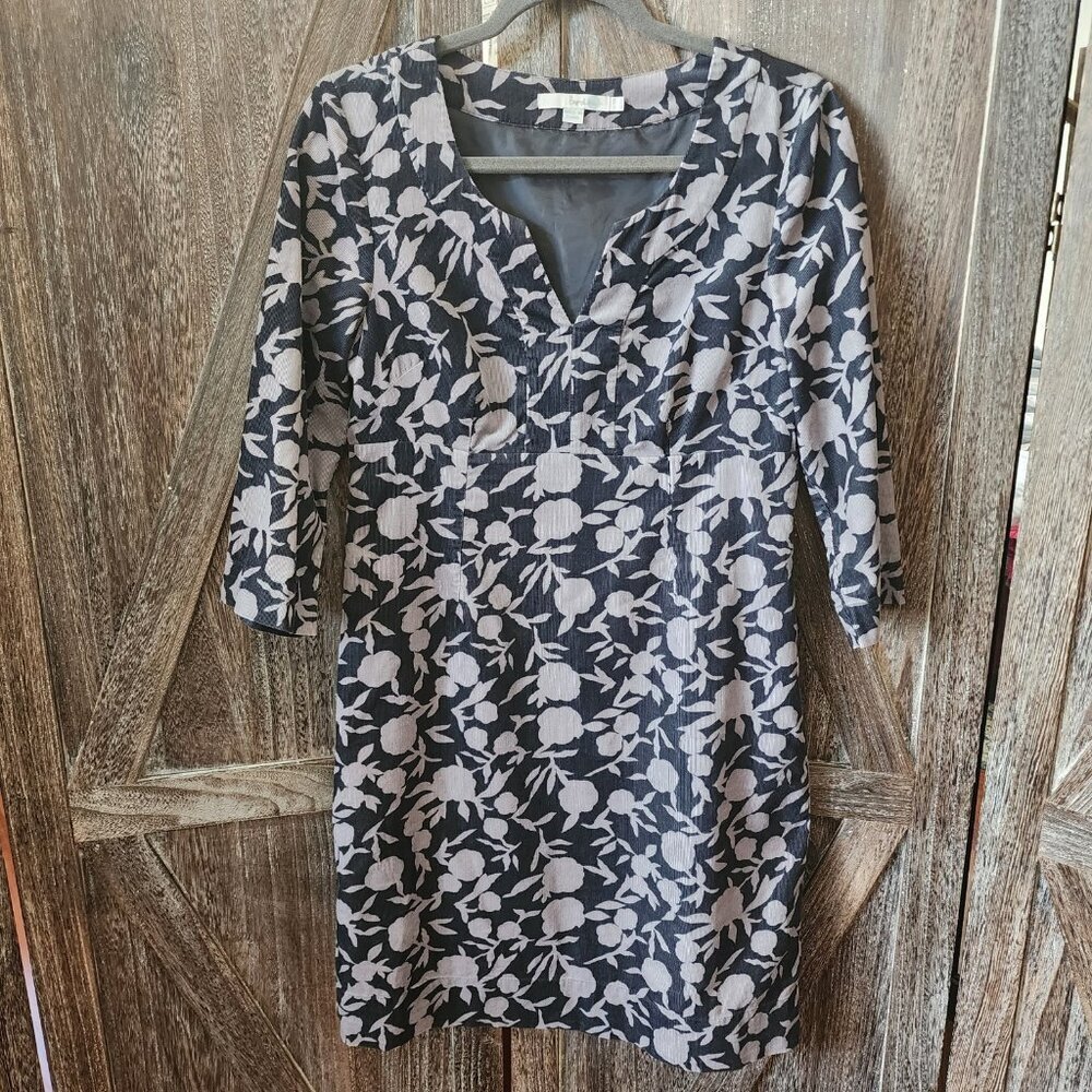 Boden Black & Gray Floral 3/4 Sleeve Corduroy Shift Dress Women's Size 6 R EUC
